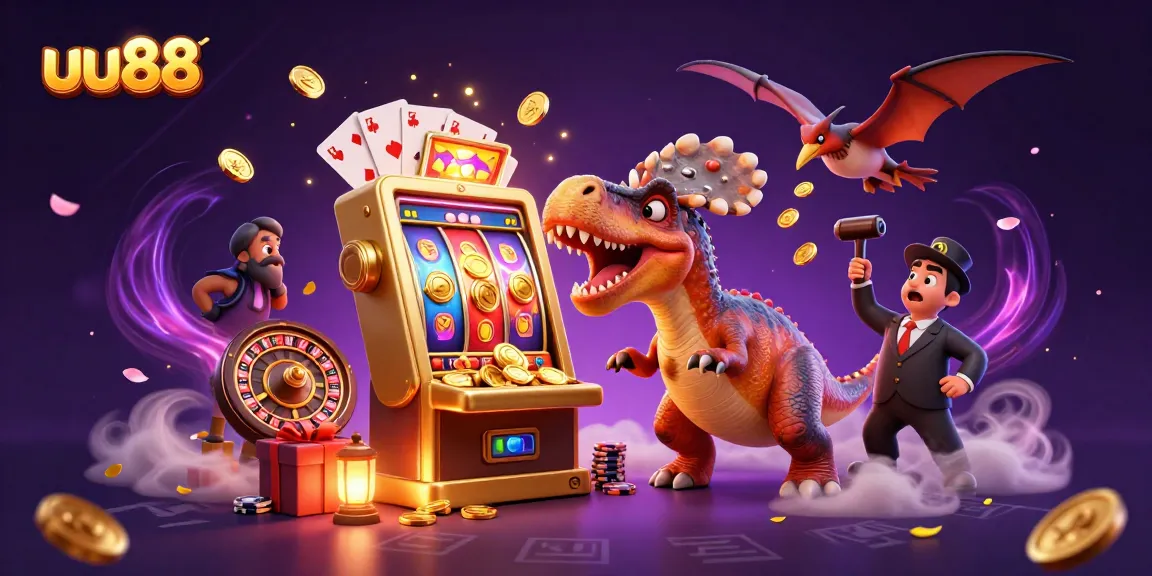 uu88 boosts excitement as dinosaurs and a slot machine create a thrilling casino scene with flying coins.