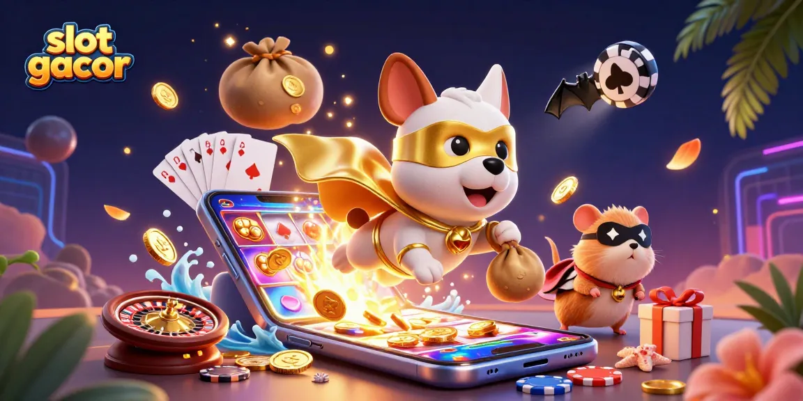 Mainan slot gacor yang seru dengan karakter anjing superhero terbang membawa koin emas dan hamster bersamanya, berlatarkan slot game.