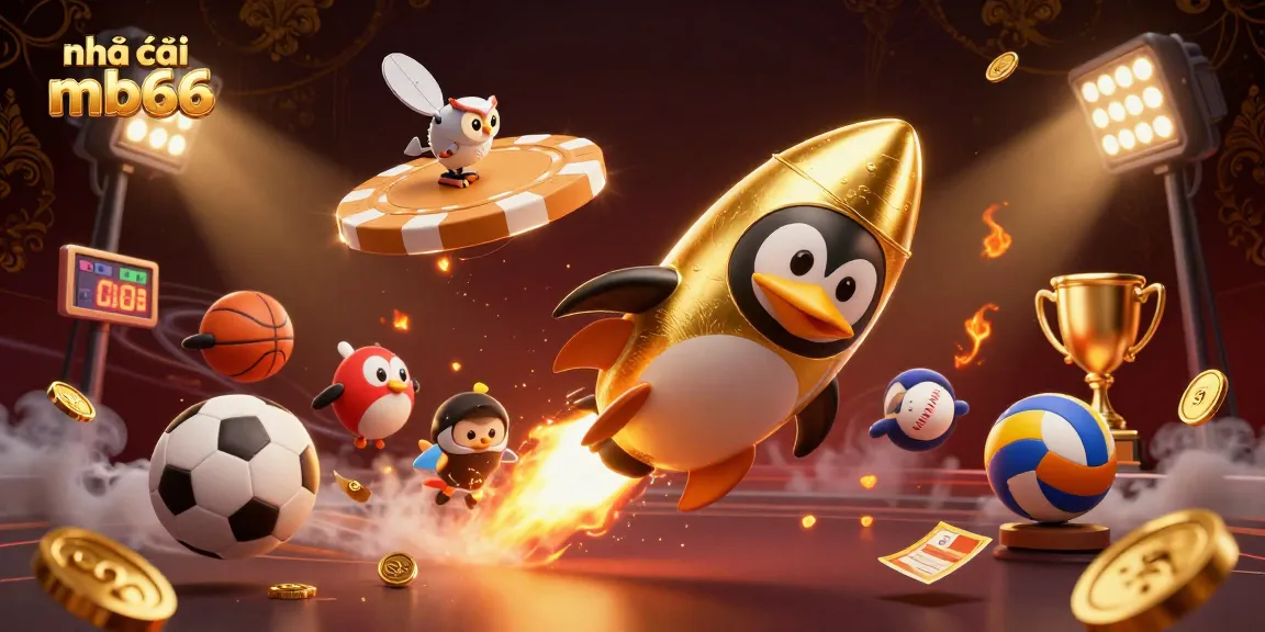 Experience thrilling betting action at Nhà cái mb66 with a dynamic scene of a golden penguin on a rocket.