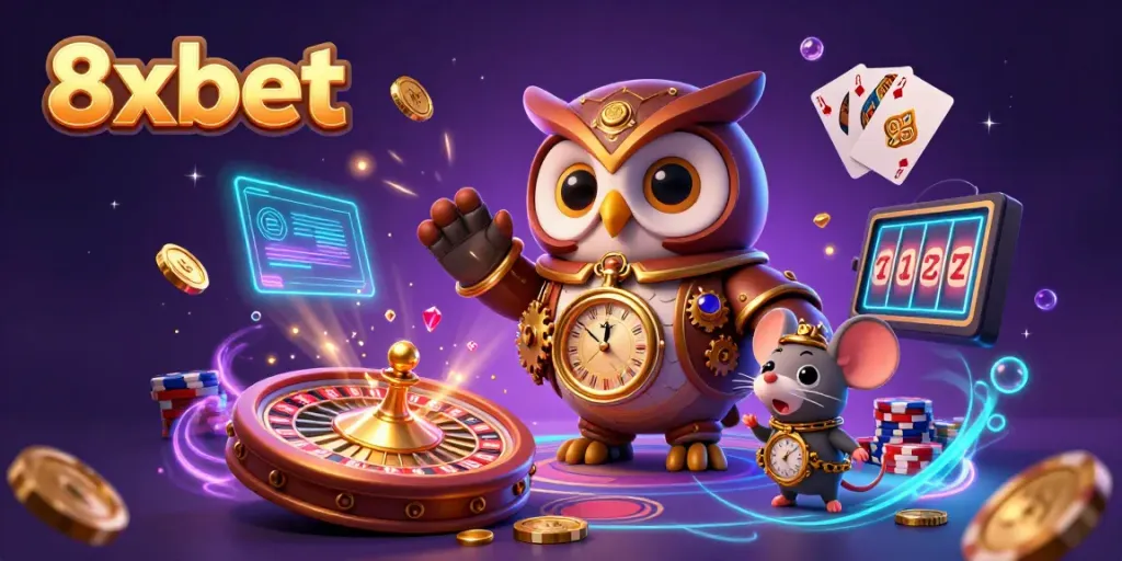 Experience the excitement of 8xbet with a dynamic casino scene featuring a time-traveler owl and immersive game elements.
