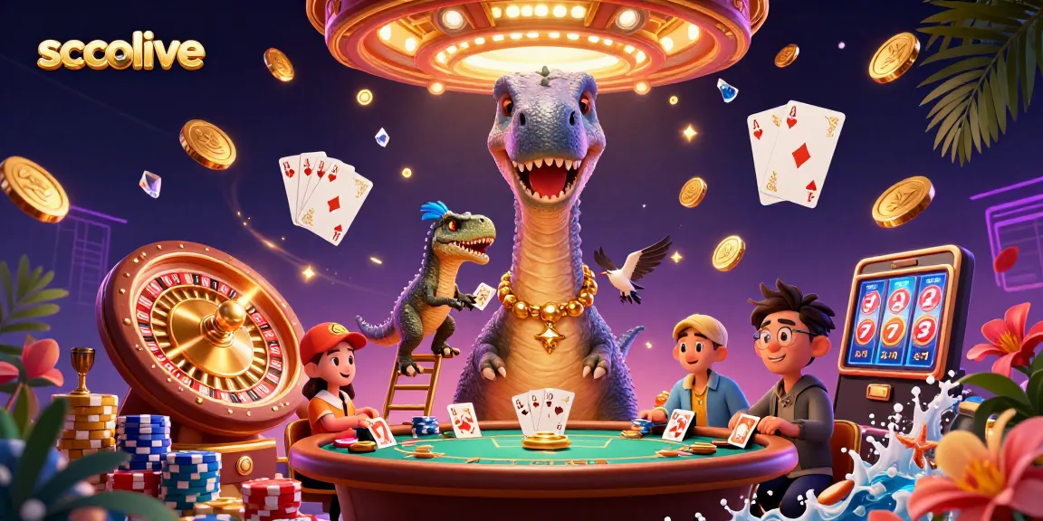 Socolive showcases a lively 3D scene with a giant brontosaurus and raptor dealer amid casino excitement.