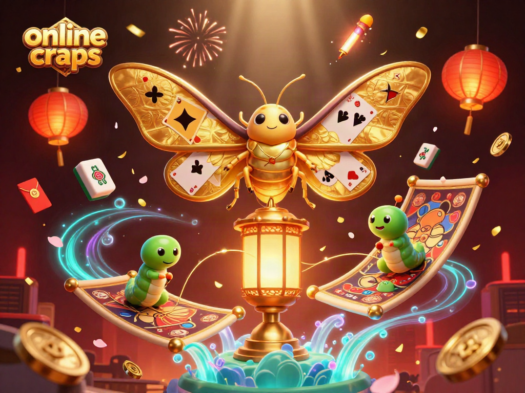 Experience the thrill of online craps with a vibrant casino-themed illustration featuring a mystical moth amidst festive elements.