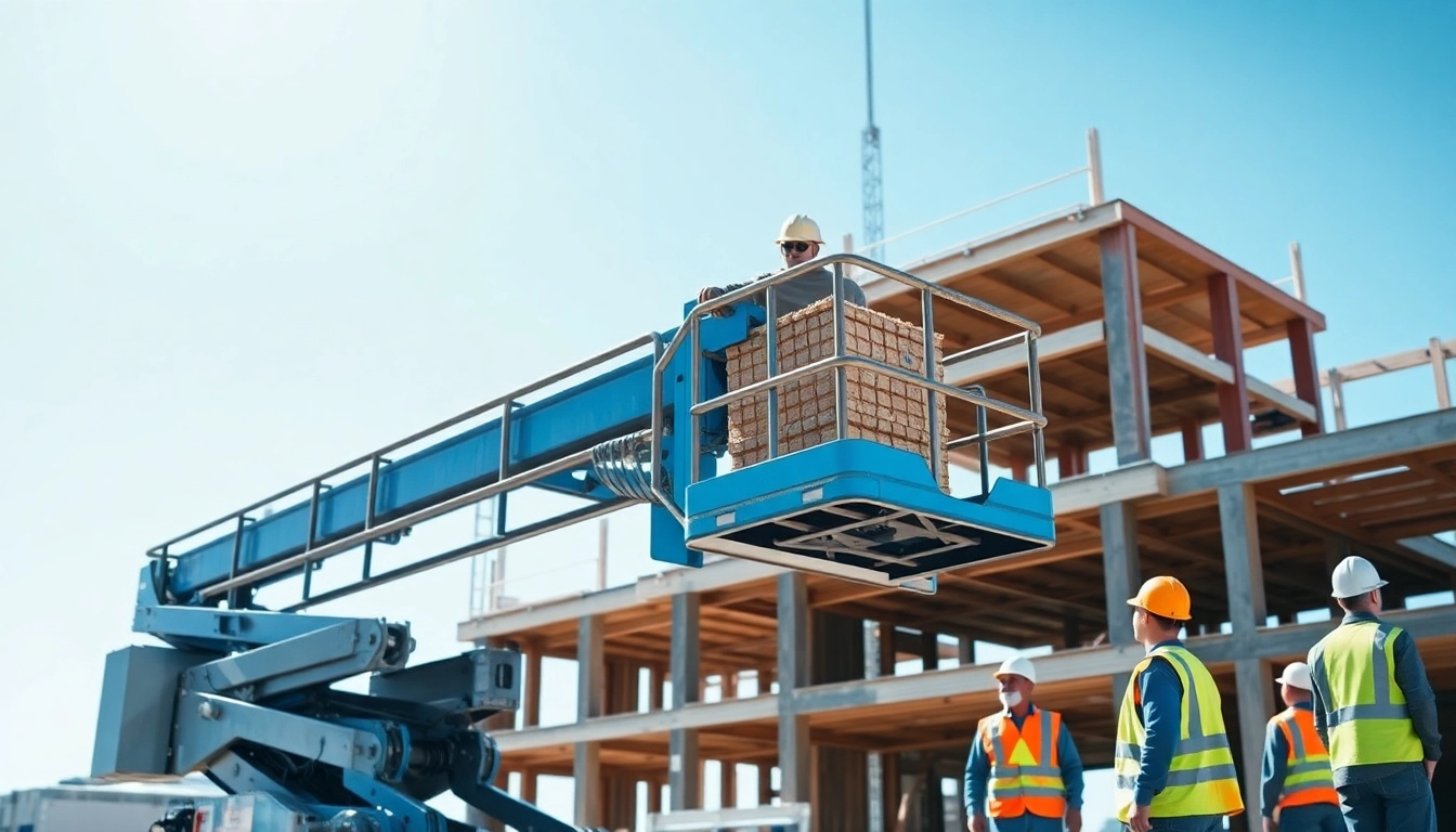 Operational genie lift elevating materials on a construction site with active workers.