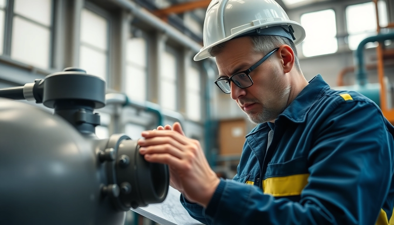 Engineer examining pressure vessel for CRN Registration compliance in an industrial setting.