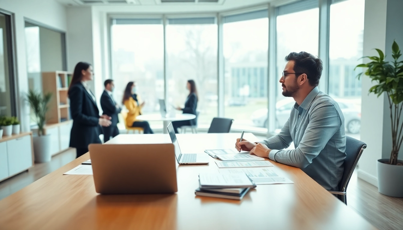 Marketing director collaborating with team in a modern office setting, promoting teamwork.