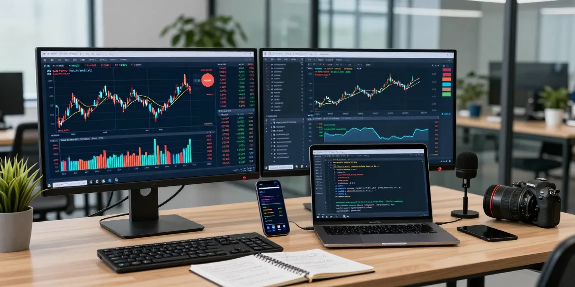 Taiwan stock depth data API workspace with dual monitors displaying live market data and analysis tools