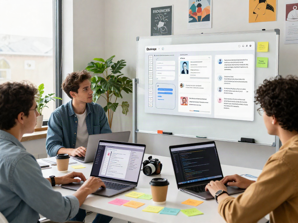 Developers collaborating on AI features for a crush on dating app in a modern workspace.