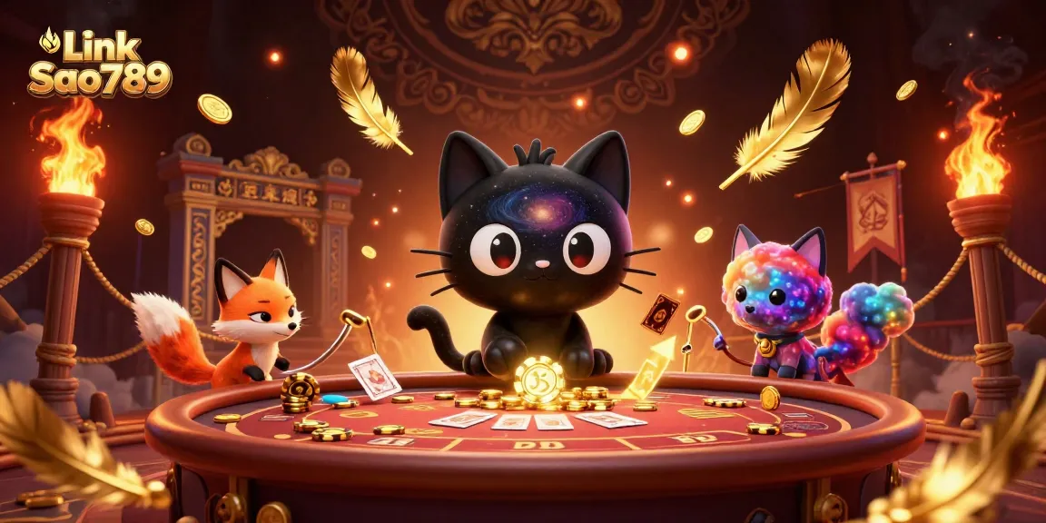 Engage with Link Sao789 at a vibrant cosmic casino as a black hole cat pulls in golden chips and cards.