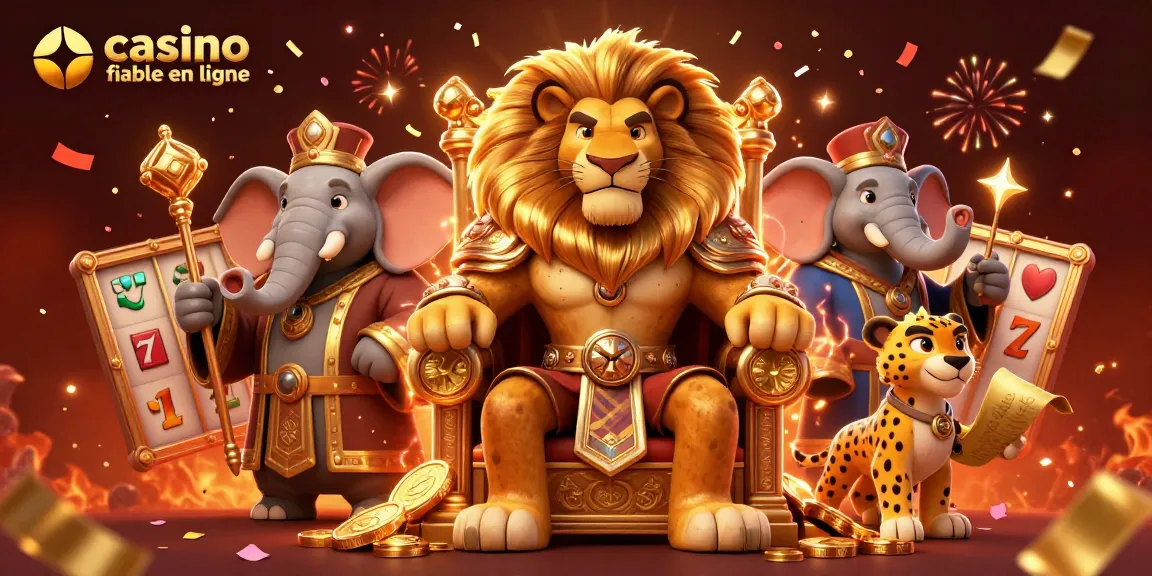 Visualisez un roi lion majestueux avec des éléments de casino fiable en ligne, encadré par un éléphant sage et un guépard messager.