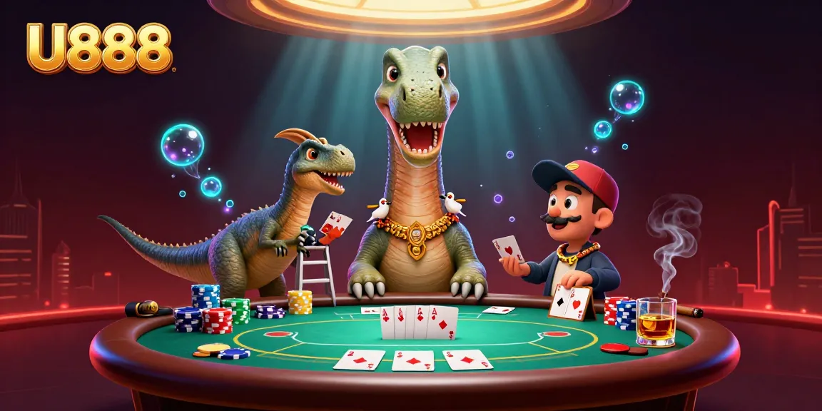Engage in U888's thrilling atmosphere with a cartoon brontosaurus overseeing a vibrant poker game.