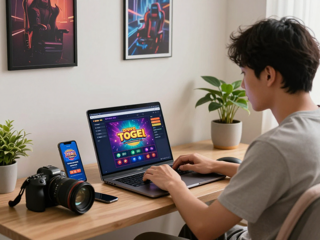 Dewatogel user enjoying online Togel gaming experience at stylish desk.