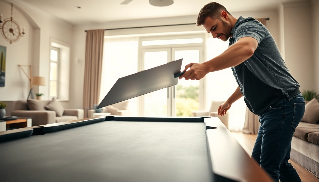 Pool table mover expertly disassembling a slate table in a well-lit setting with attention to detail.