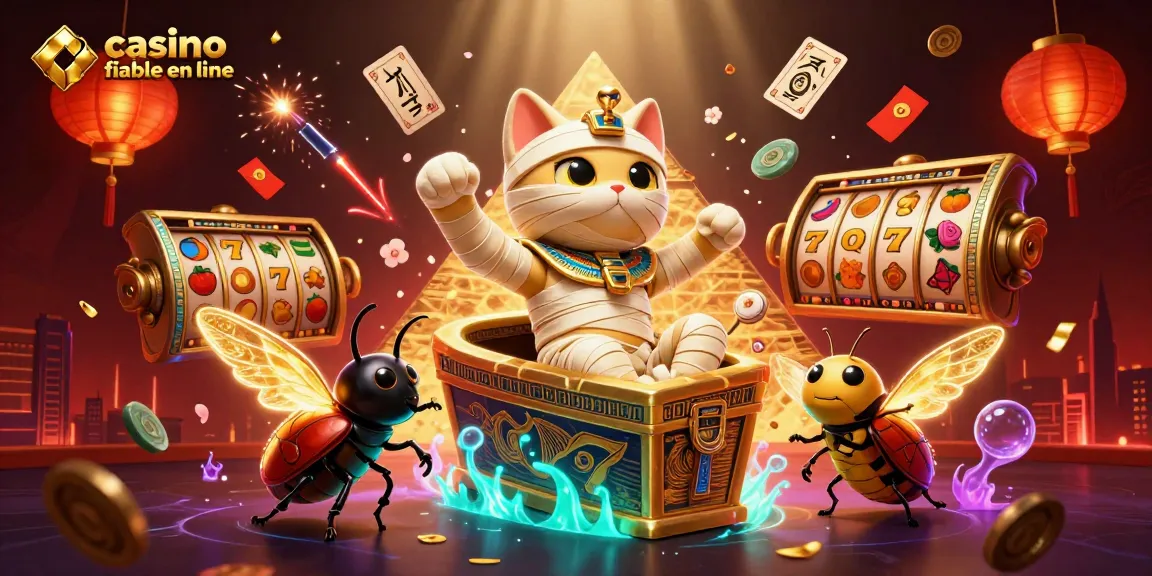 Gagnez avec le casino fiable en ligne illustré par un chat momie égyptien brandissant des éléments de jeu.