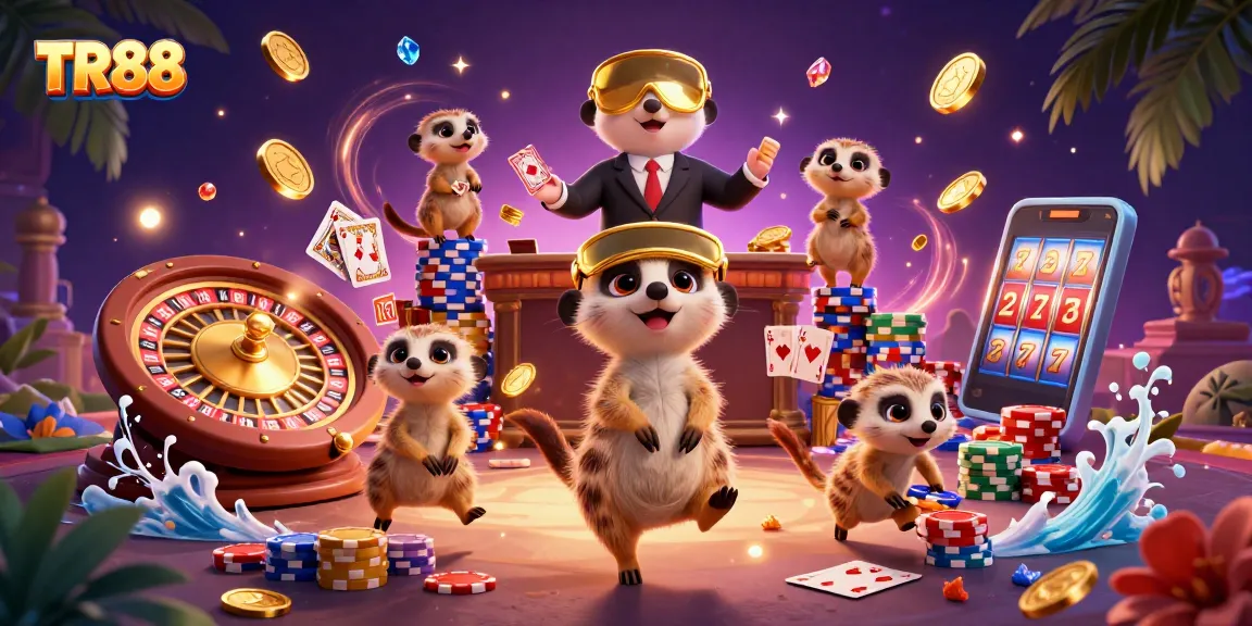 TR88 meerkats manage a vibrant casino scene with cards, chips, and coins flying everywhere.