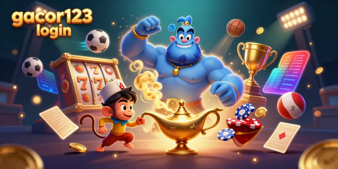 Engage with gacor123 login in this colorful casino scene featuring a magical genie, poker chips, and vibrant game elements.