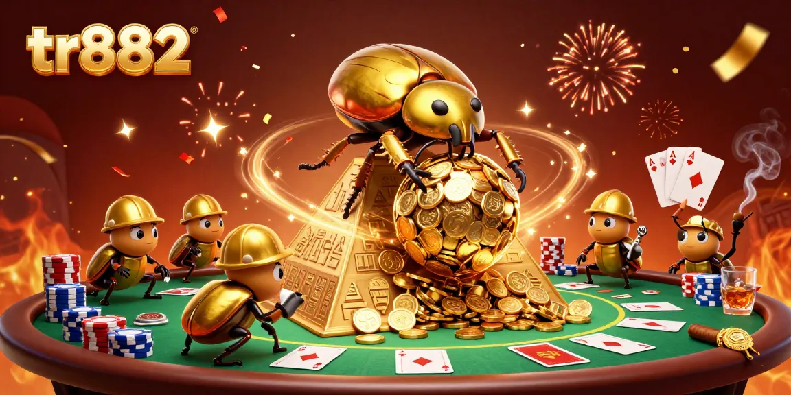 Experience tr882 with a dynamic scene of golden beetles rolling coins and poker elements.