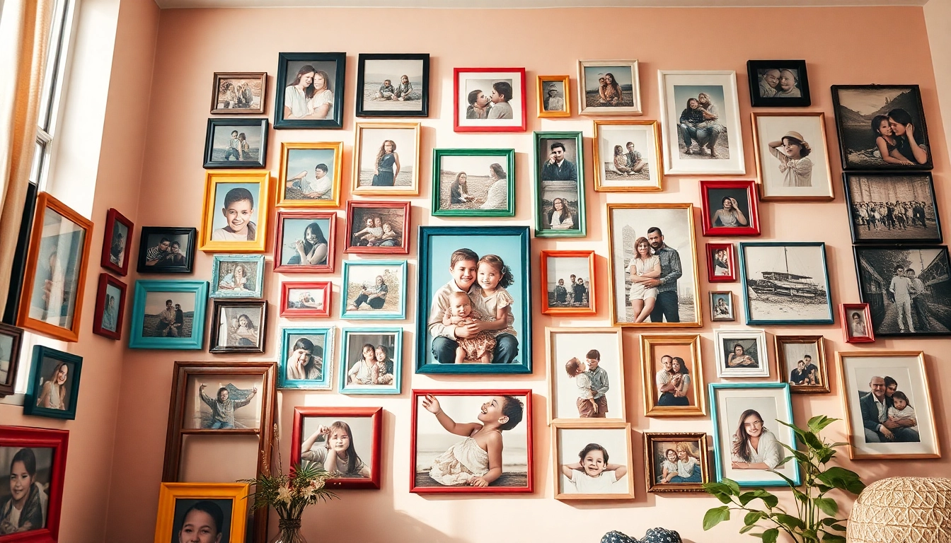 Decorative photo wall displaying a diverse collection of family memories and art.