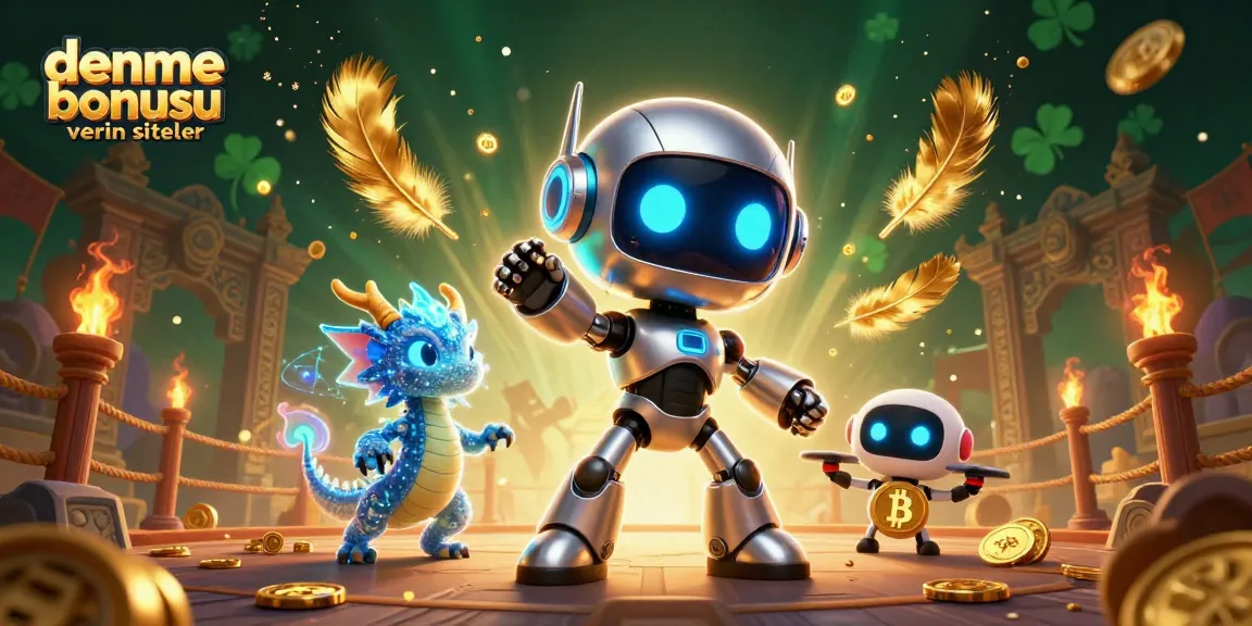 Engaging illustration of deneme bonusu veren siteler showcasing a cyberpunk robot, holographic dragon, bitcoin drone, and dynamic casino elements.
