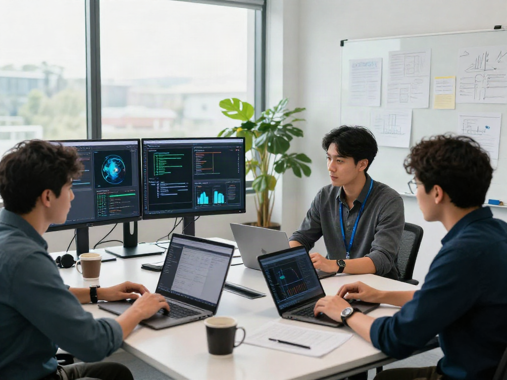 Professionals collaborating on AI-generated image detection analysis in a modern office.
