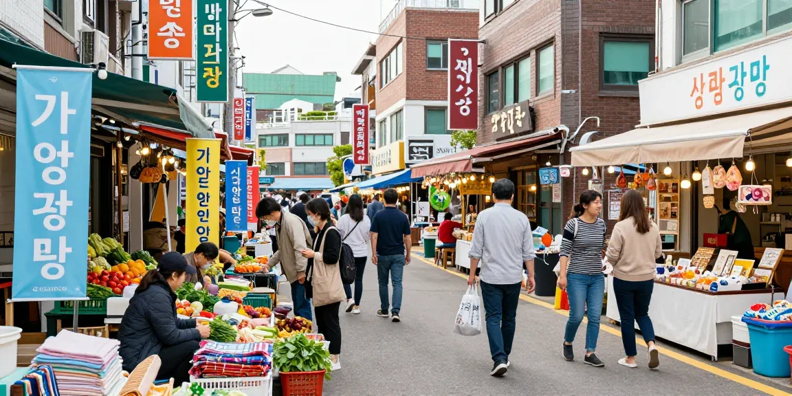 인천 부평OP에서 활기찬 시장에서 쇼핑하는 사람과 지역 주민의 따뜻한 분위기.