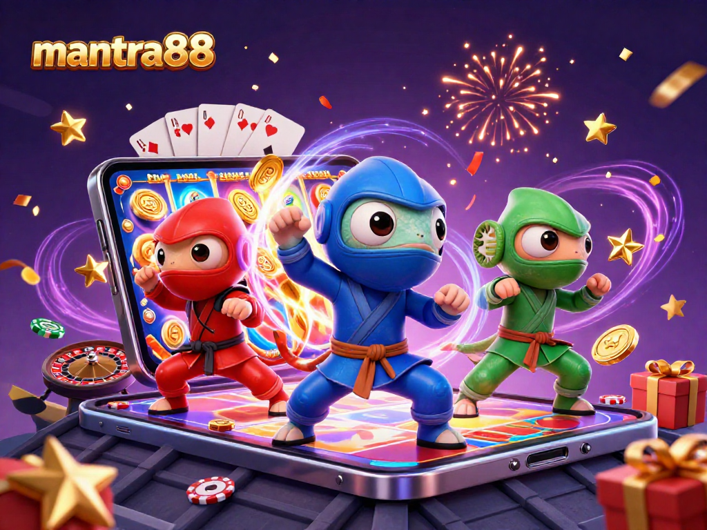 Engage with mantra88's thrilling gaming experience featuring vibrant slot games and energetic chameleon ninjas.