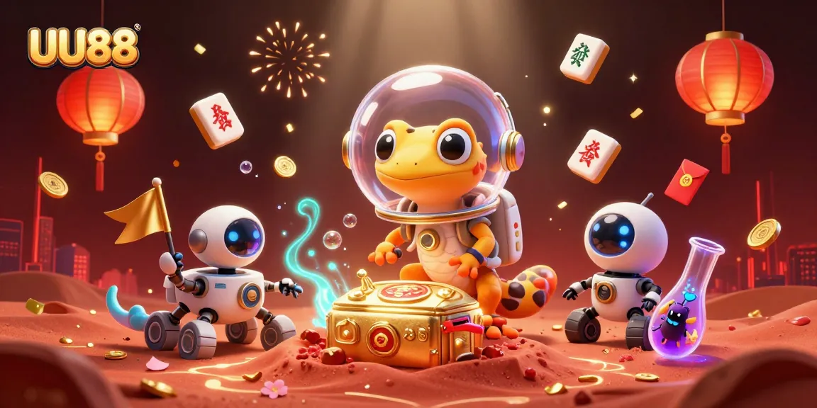 Immerse in the UU88 Martian casino adventure with animated gecko, golden treasures, and festive game symbols.