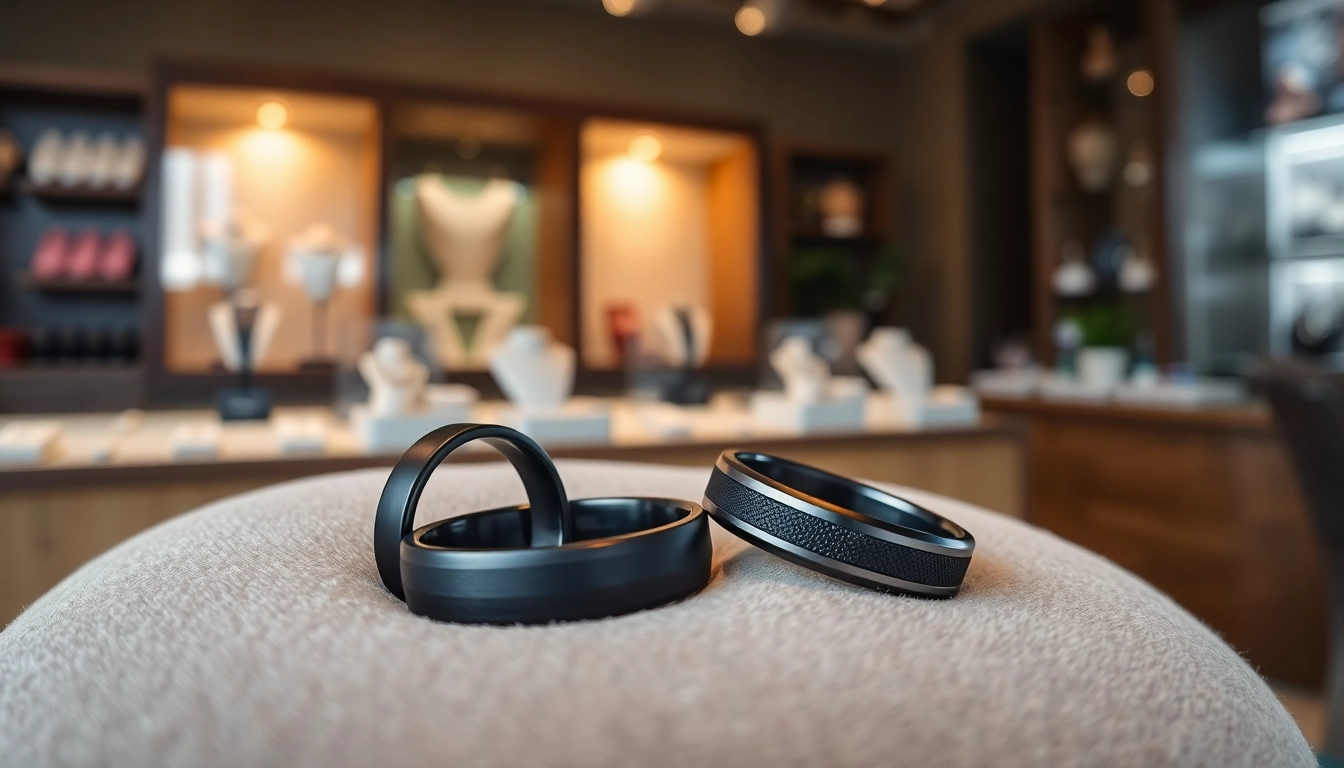 Admire the exquisite Black Zirconium Rings on display, emphasizing their bold elegance and unique design.
