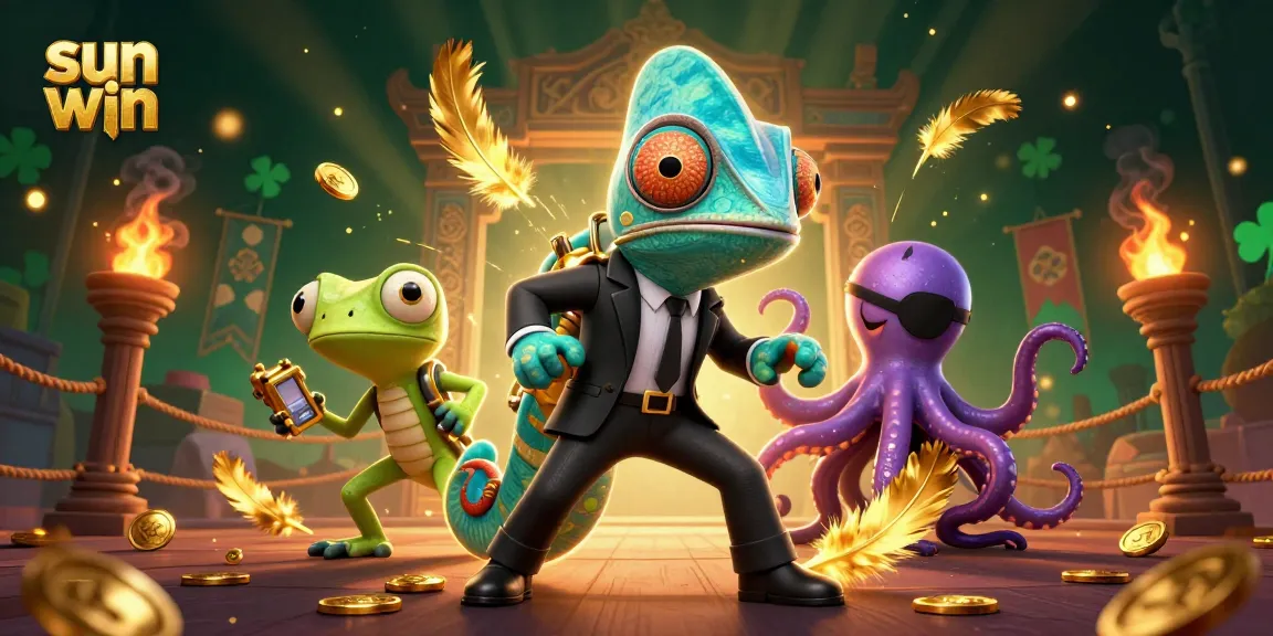 Experience thrilling action with sun win's vivid casino illustration featuring a colorful chameleon and gecko.