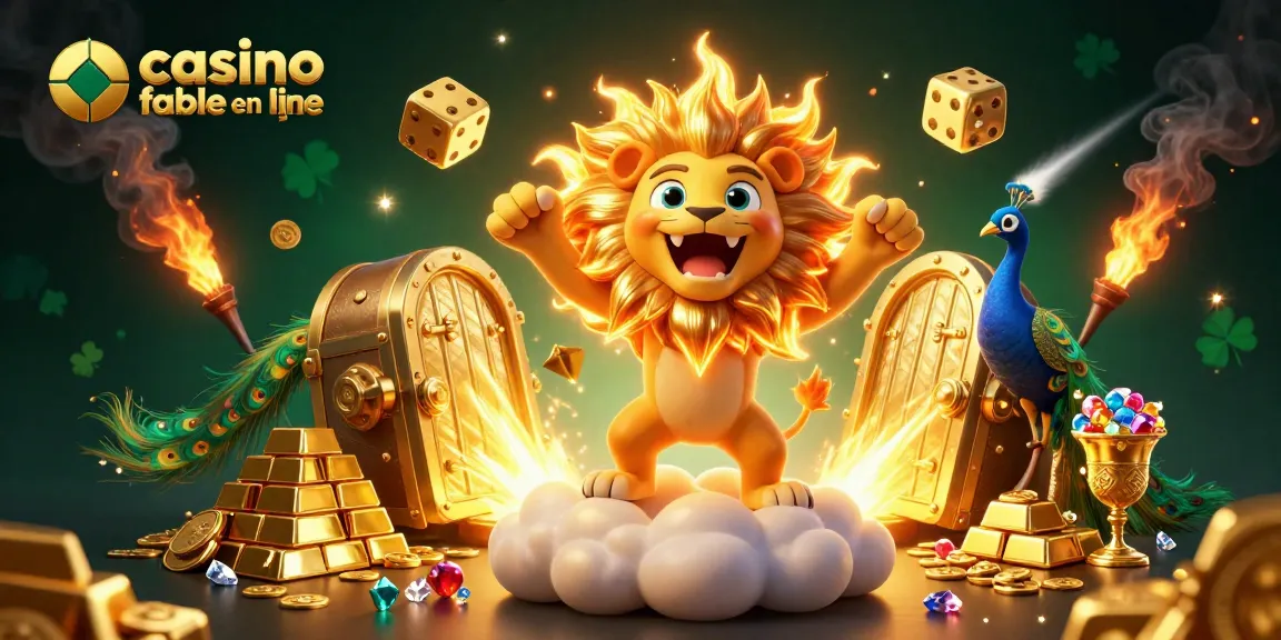 Visualisez le lion solaire triomphant dans l'univers du casino fiable en ligne, entouré de trésors scintillants.