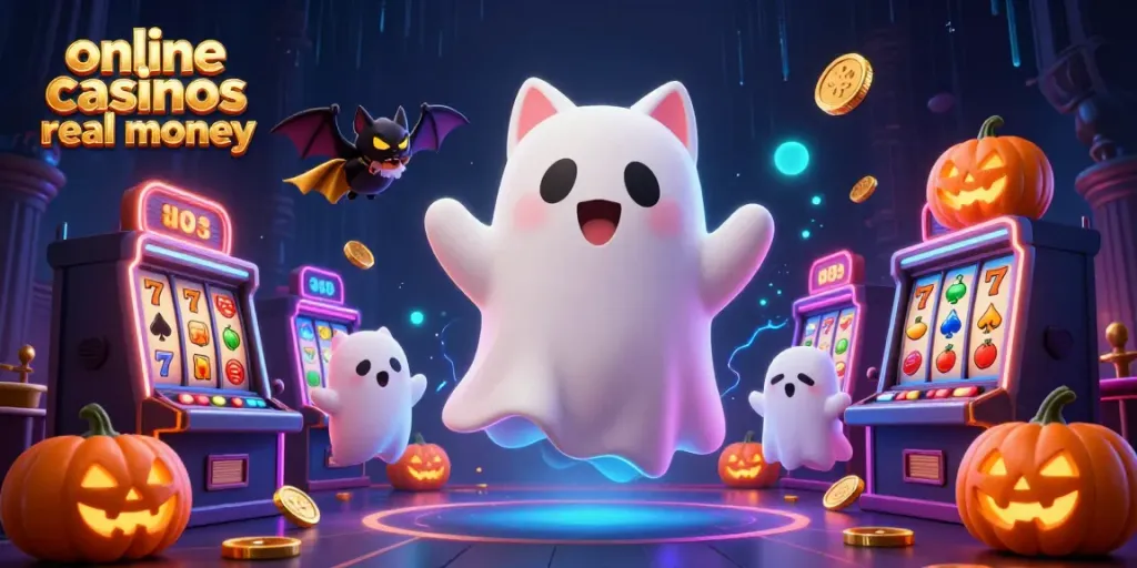 Experience excitement at online casinos real money with a ghost cat and vampire bat amidst glowing poker jack-o-lanterns.