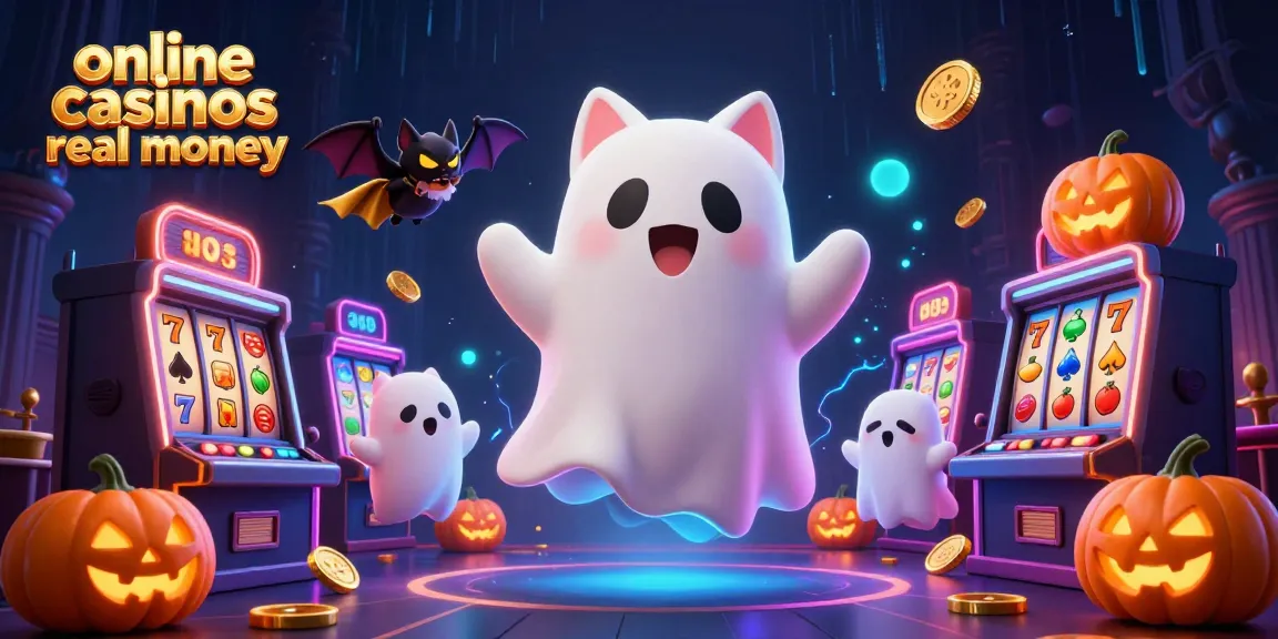 Experience excitement at online casinos real money with a ghost cat and vampire bat amidst glowing poker jack-o-lanterns.