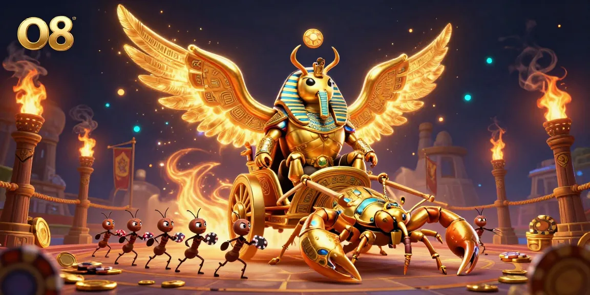 Experience thrilling gaming at o8 with a colossal golden scarab beetle leading the action in a vibrant casino scene.