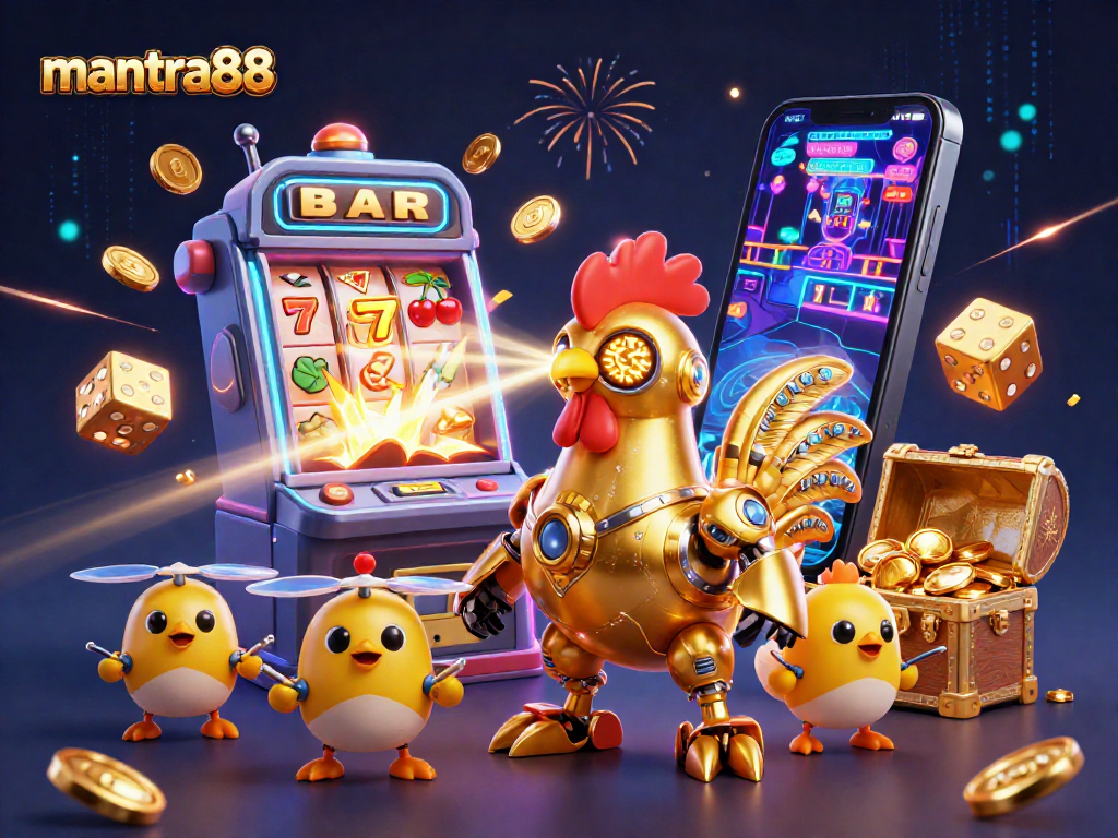 Experience thrilling action with mantra88, featuring a golden rooster robot and jackpot-filled slot machine explosion.