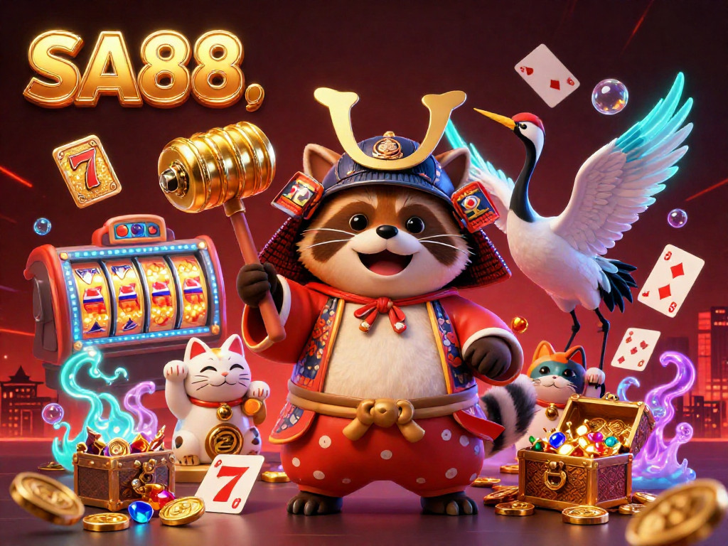 SA88 showcases cheerful tanuki and samurai crane in a vibrant gambling paradise with lively jackpot elements.