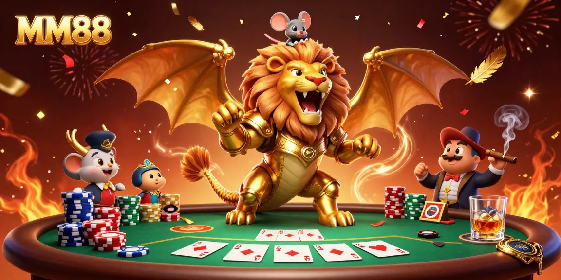 Experience vibrant MM88 gaming excitement with a golden chimera and poker action.
