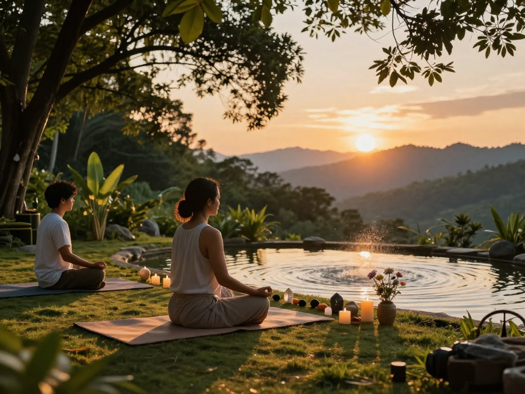 Practitioner meditating with mantra 88 crystals in serene outdoor setting