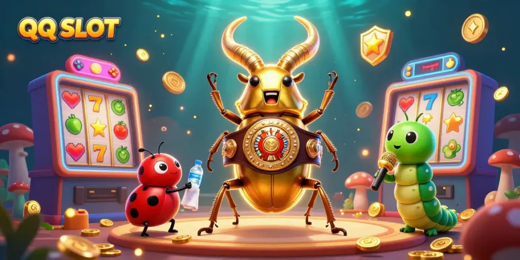 Engage with QQ SLOT's vibrant gaming scene, showcasing lively characters and slot machines.