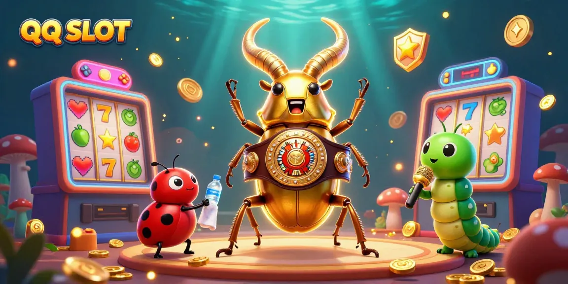 Engage with QQ SLOT's vibrant gaming scene, showcasing lively characters and slot machines.