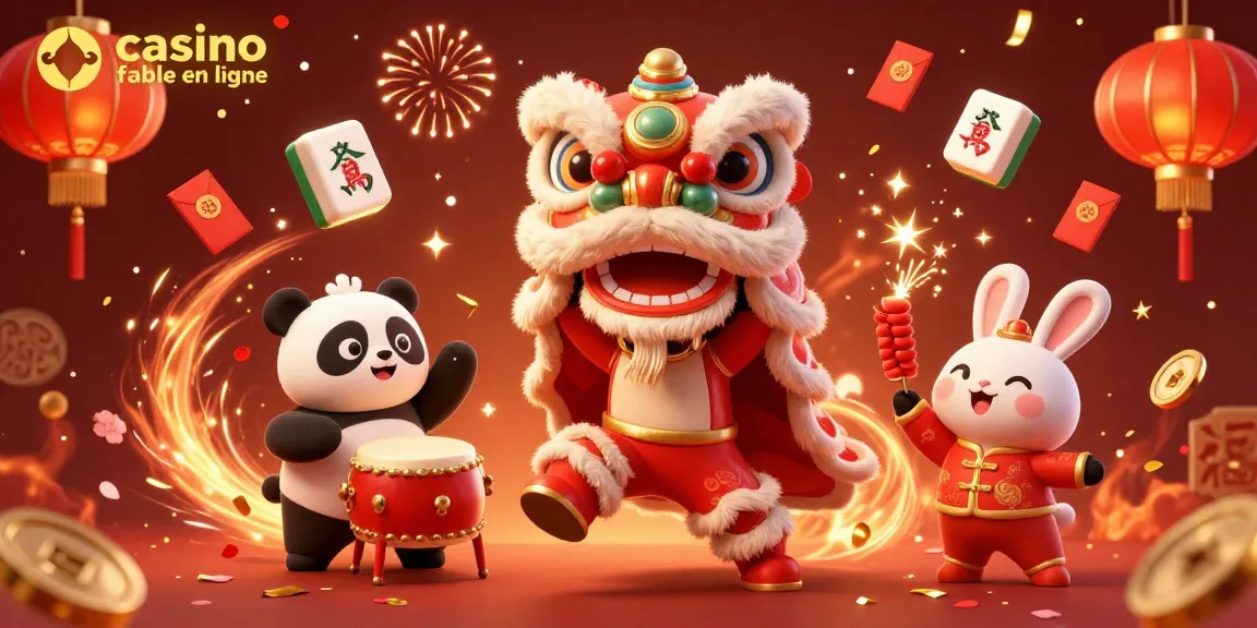 Vivez l'expérience d'un casino fiable en ligne avec une illustration de danse de lion et des décorations colorées.