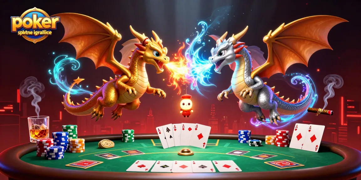Odkrijte poker spletne igralnice z dinamično ilustracijo z zmaji in poker elementi.