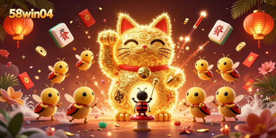 Experience the exciting world of 58win04 with a vibrant scene of a lucky cat and casino symbols.