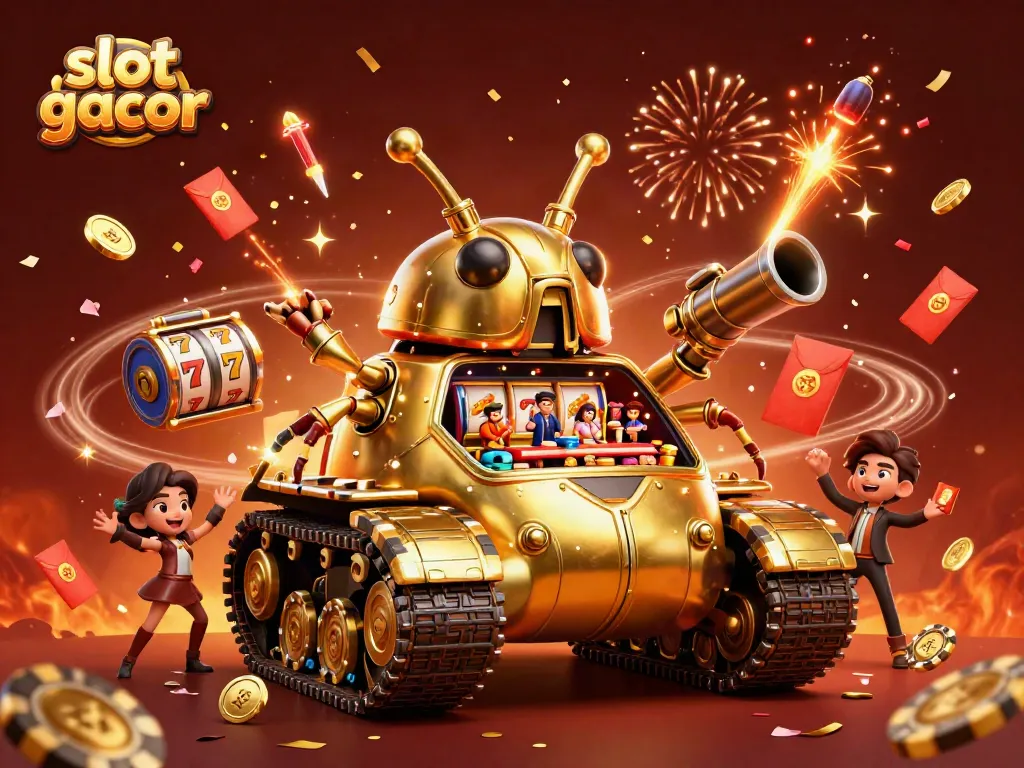 Experience thrilling slot gacor action in this vibrant 3D casino scene of a golden beetle tank.