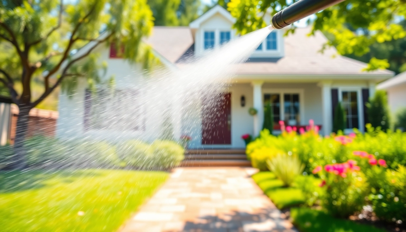 House Washing in action, showcasing an exterior cleaning service with pressure washer.