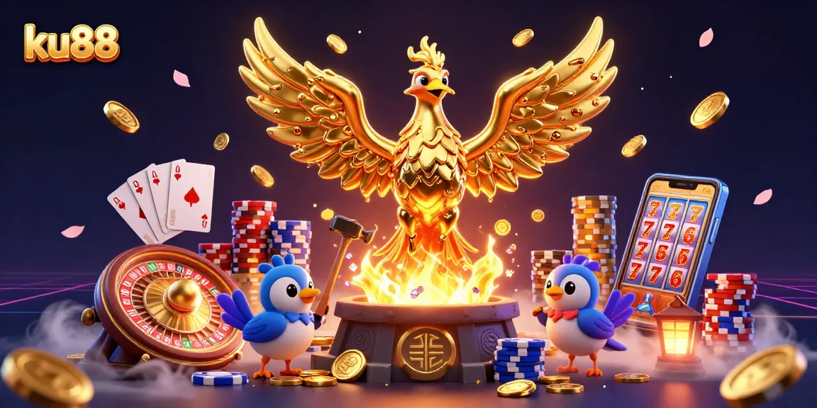 Engage with ku88’s thrilling gaming experience amidst golden riches and animated casino action.