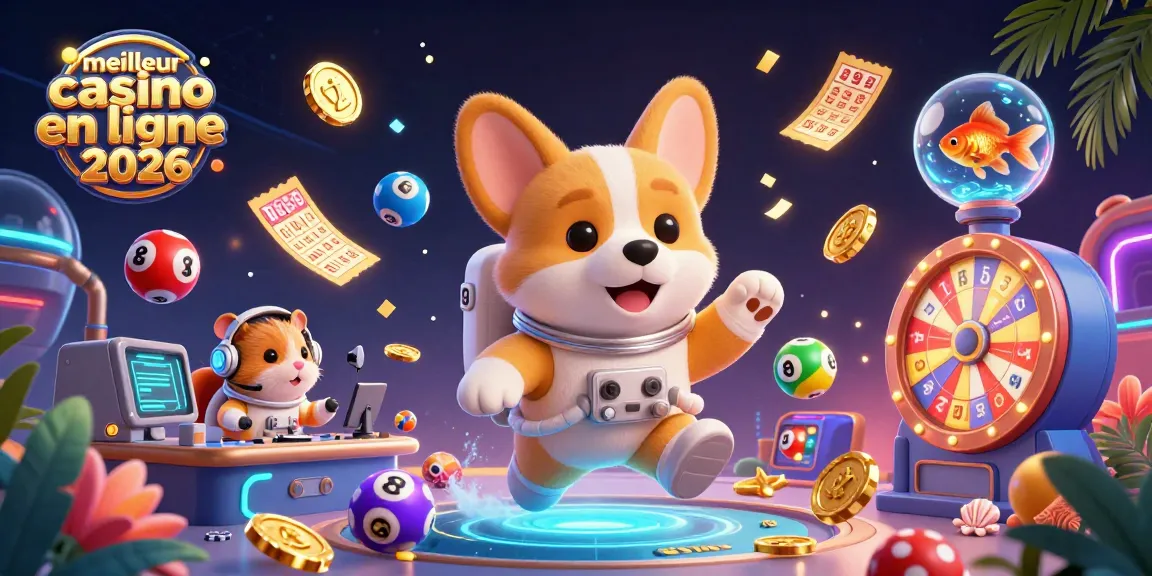 Illustration dynamique du meilleur casino en ligne 2026 avec un corgi astronaute et des billets flottants.