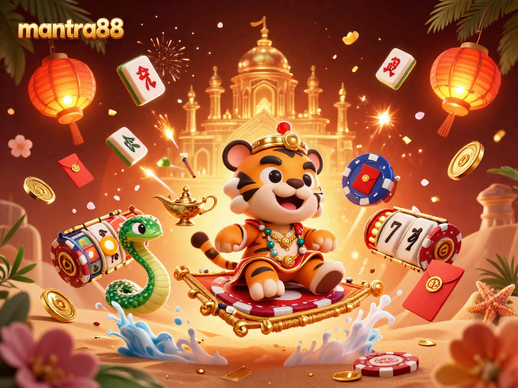 Experience mantra88's exciting mobile gaming with vibrant Asian-themed casino illustration