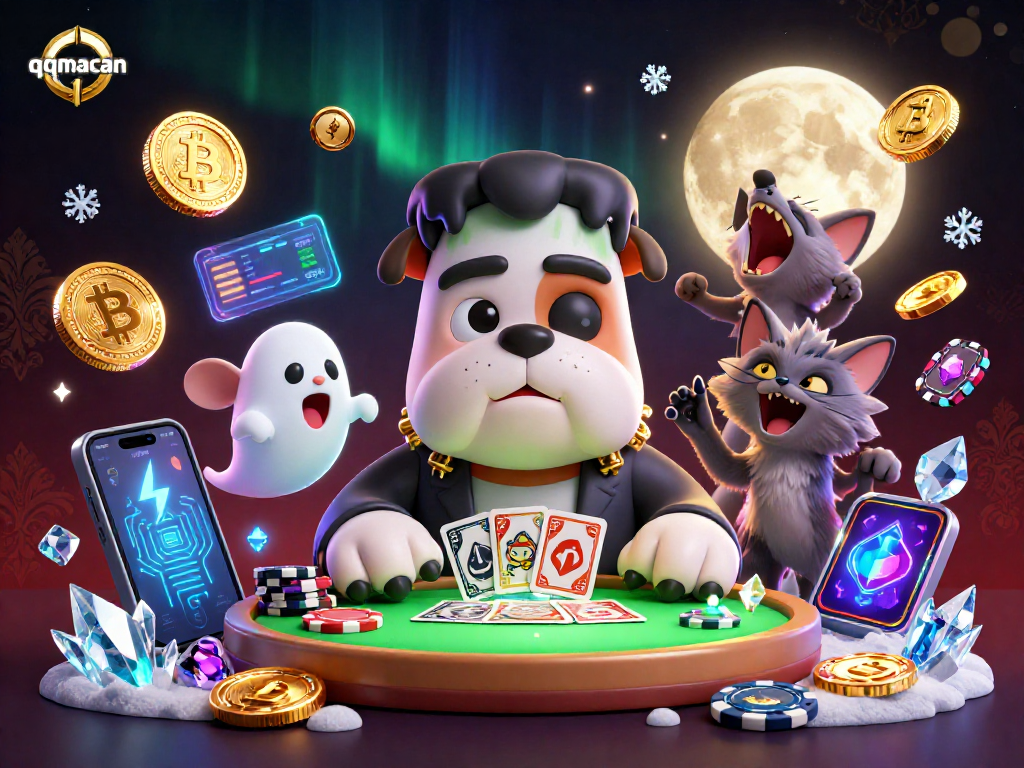 Join the action with qqmacan as a cartoon bulldog deals cards at a spooky casino!