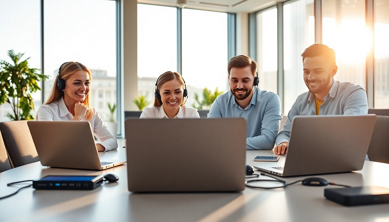 IT business support team working collaboratively in a modern office environment.