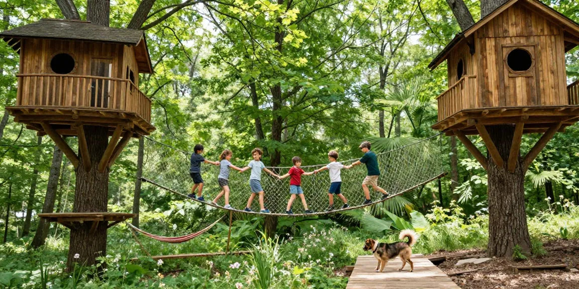 Rope Bridge design featuring children joyfully crossing a treehouse bridge in a lush forest.