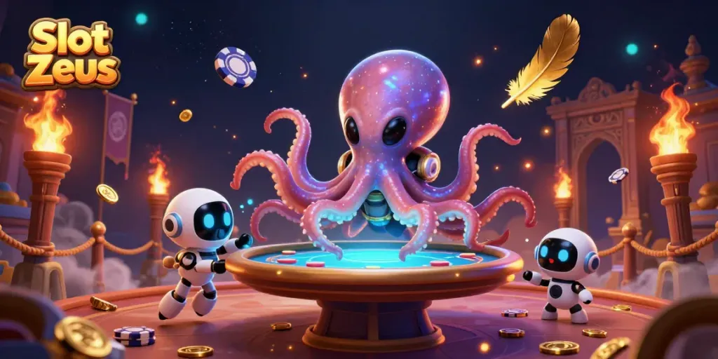 Slot Zeus menampilkan alien gurita yang beraksi di meja poker holografik dengan banyak permainan kasino.